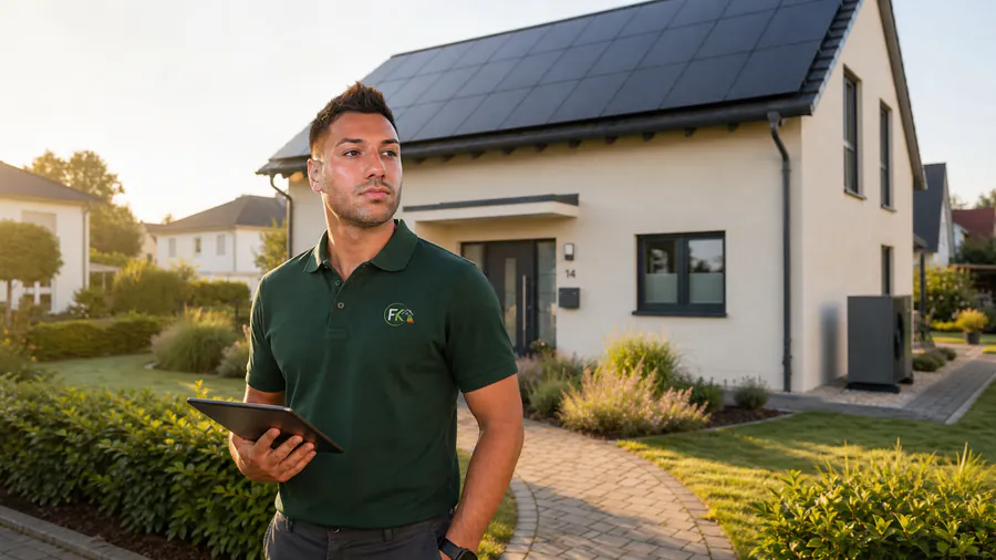 Fernando Klimt, Energieberater, mit Tablet vor einem sanierten Einfamilienhaus mit Photovoltaikanlage