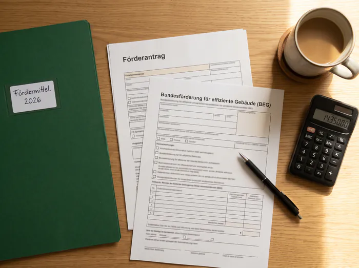 Schreibtisch von oben mit Förderunterlagen, Taschenrechner und Notizen